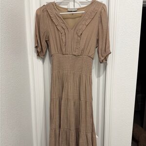 Beige Tan Maxi Dress with Smocked Waist